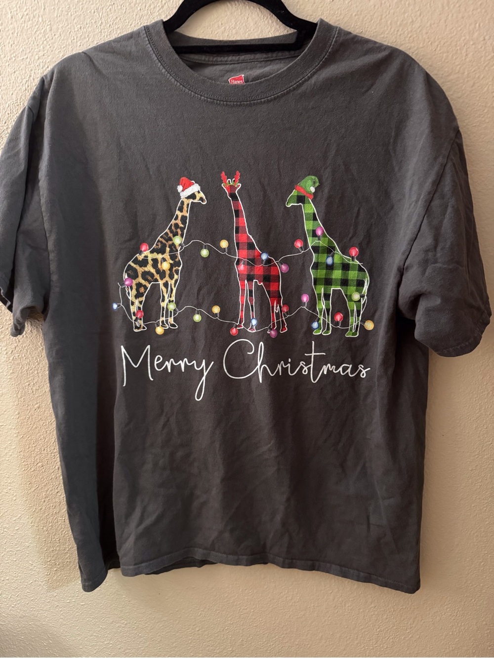 Hanes Charcoal Holiday Giraffe Graphic Tee with Red & Green Accents